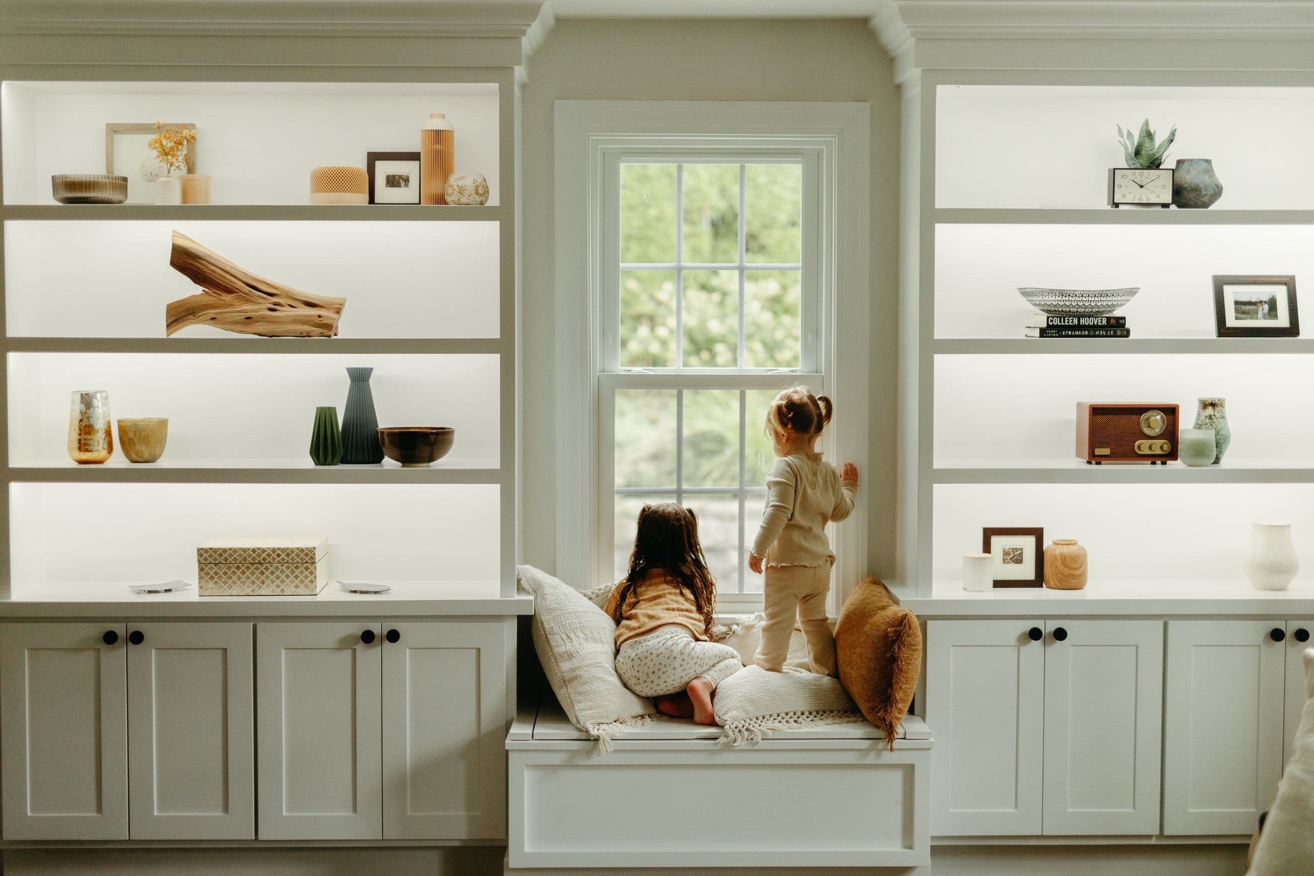 Finished interior with built-in window seat and custom trim