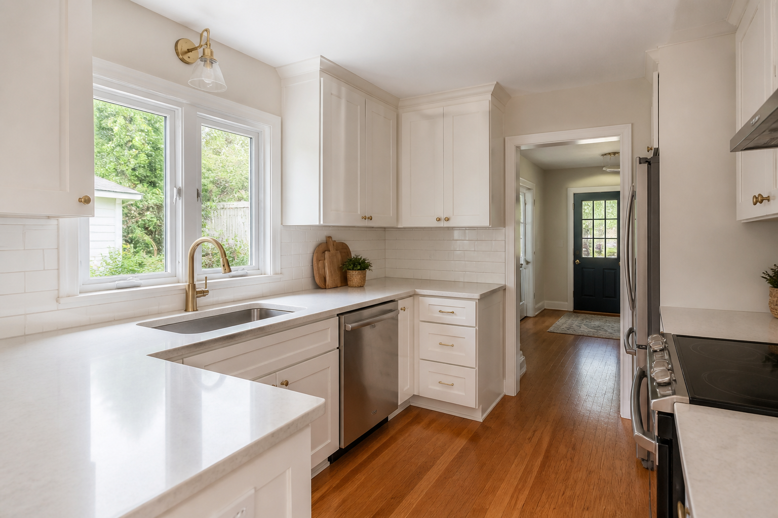 Finished kitchen remodel with white cabinetry and island